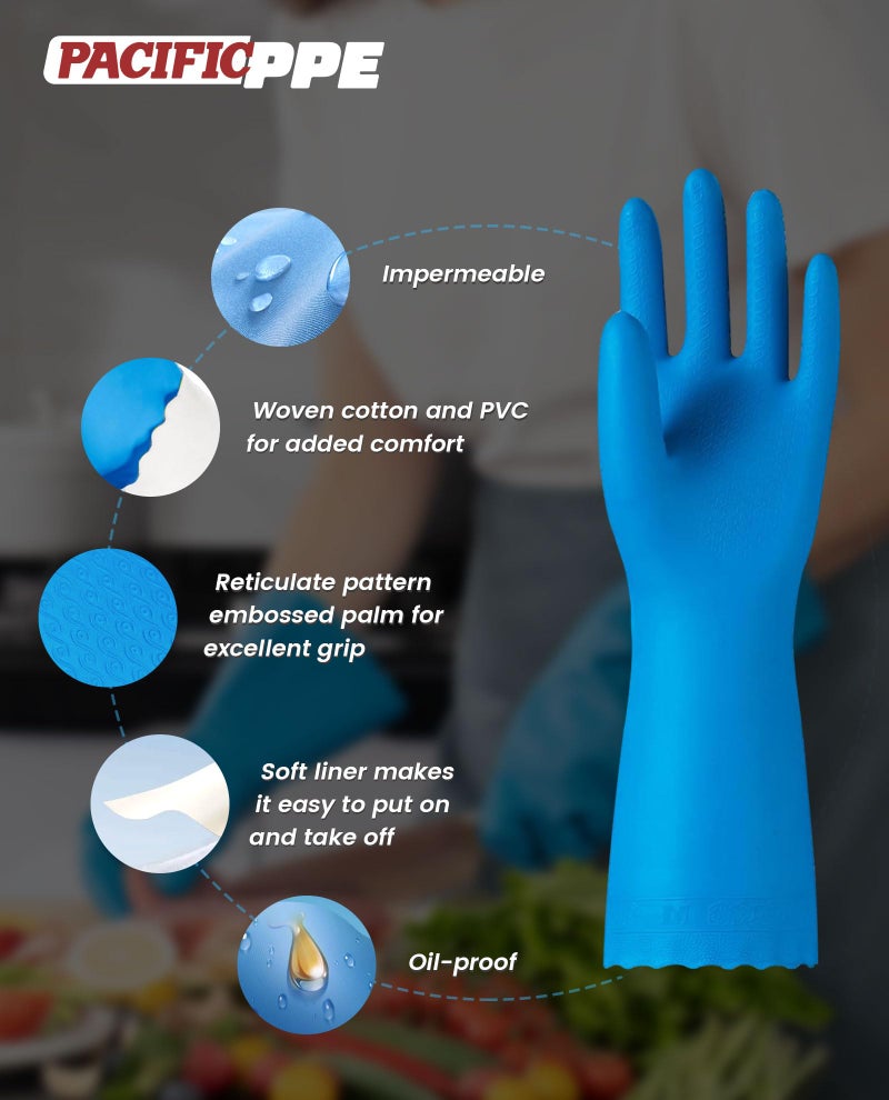 PACIFIC PPE 2 Pairs Reusable Dishwashing Cleaning Gloves with Latex Free, Cotton Lining, Kitchen Gloves, Blue, Medium - Image 3